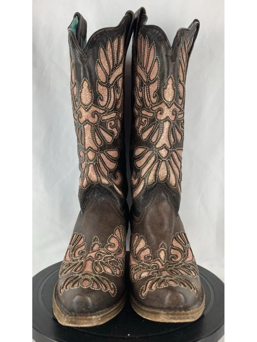 Women’s Size 9 Corral Brown Leather Pink Glitter Wing Inlay Cowboy Boots A3539